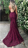 Burgundy Trumpet Spaghetti Straps V-neck Lace Sweep Train Mermaid Prom Dress KPP0281