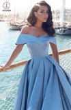 Blue A-line Off-the-shoulder Satin Ruched Split Sweep Train Prom Gown KPP0282