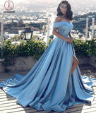 Blue A-line Off-the-shoulder Satin Ruched Split Sweep Train Prom Gown KPP0282
