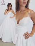 Spaghetti Straps White V Neck Sleeveless Satin Bridal Dress,Beach Wedding Gown KPP0283