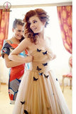 A-line Strapless Floor-length Ruched Tulle Wedding Dresses with Flowers KPW0130
