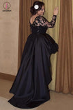 Black High-low Scoop Plus Size Long Sleeve Satin Prom Dress with Lace Top KPP0284