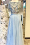 Two piece Bateau Short Sleeve Beading Light Blue Tulle Split Prom Dress with Lace KPP0286