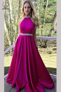 Hot Pink High Neck A-line Satin Beading Backless Long Prom Gown,Cheap Prom Dress KPP0287