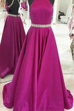 Hot Pink High Neck A-line Satin Beading Backless Long Prom Gown,Cheap Prom Dress KPP0287