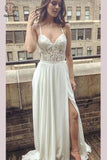 Simple Ivory Lace Long Prom Dress,Spaghetti Straps Split Side Beach Wedding Dress KPP0289