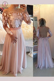 Elegant A-line Pink Floor-length Illusion Back Chiffon Prom Dress with Appliques Beading KPP0290