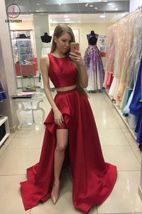 A-line Red Sleeveless Two Piece Long Satin Prom Dress Evening Dress For Teens KPP0291