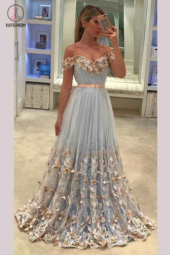 A-line Off-the-shoulder Appliques Sweep Train Tulle Prom Dress with Sash Flowers KPP0292