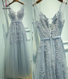 A-Line V-Neck Sleeveless Tulle Prom Dress with Lace Appliques,Long Homecoming Dress KPP0293