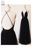 Sexy Spaghetti Straps Deep V-neck Sleeveless Black Prom Dress,Tulle Prom Party Dress KPP0294