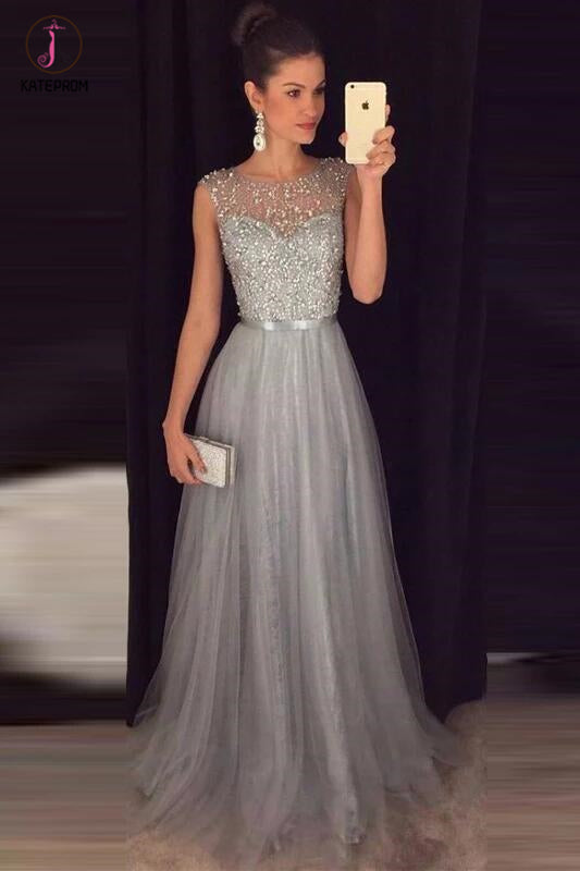 Cheap A-line Gray Sleeveless Tulle Sequined Long Formal Dress,Prom Dresses KPP0295
