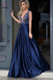 Elegant A-line Dark Blue Deep V-neck Satin with Beading Sweep Train Backless Prom Dress KPP0297