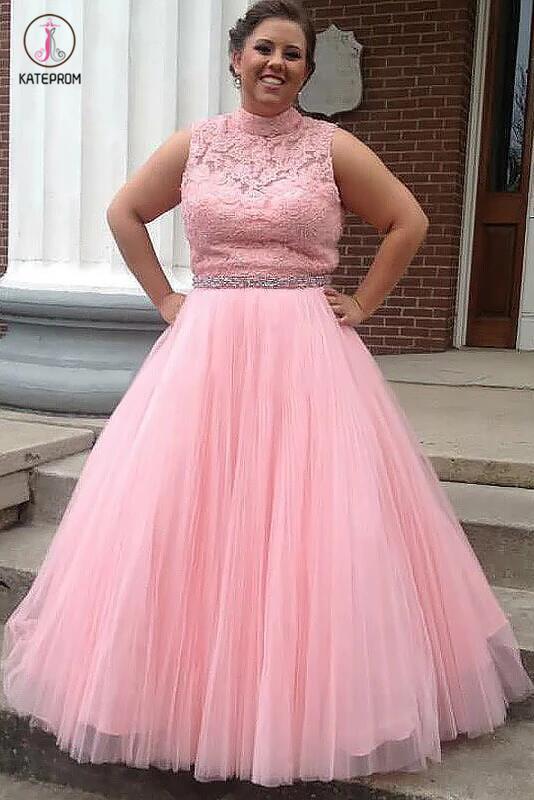Plus Size High Neck Sleeveless Open Back Beading Waist Tulle Prom Dress with Lace Top KPP0298