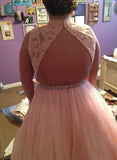 Plus Size High Neck Sleeveless Open Back Beading Waist Tulle Prom Dress with Lace Top KPP0298