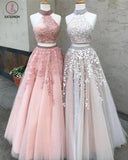 Two Pieces Lace Crop Top High Neck Appliques Tulle Prom Dresses with Beads 2020 KPP0300