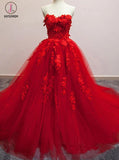 Sexy Red Sweetheart Strapless Ball Gown Applique Tulle Long Prom Dress,Party Dresses KPP0301