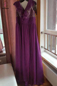 A-line Purple Cap Sleeves Floor-length Split Ruffles Chiffon Prom Dress,Party Dresses KPP0302