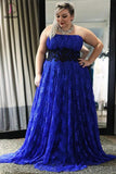 Strapless Royal Blue Plus Size Lace Long Prom Dress,Cheap Custom Made Dress KPP0305