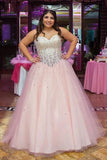 Pink Sweetheart Ball Gown Sleeveless Floor-length Tulle Formal Dress with Rhinestone KPP0306