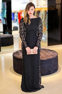 Elegant Black Long Sleeves Backless Floor-length Bateau Lace Plus Size Prom Dress KPP0307