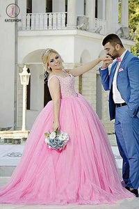 Princess Pink Ball Gown Sweetheart Beading Tulle Plus Size Sweep Train Prom Dresses KPP0308