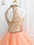 Ball Gown Floor Length High Neck Sleeveless Open Back Beading Tulle Prom Dress KPP0309