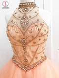 Ball Gown Floor Length High Neck Sleeveless Open Back Beading Tulle Prom Dress KPP0309