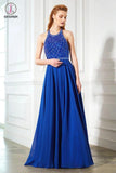 A-line Royal Blue Halter Open Back Sleeveless Beading Chiffon Long Prom Gown KPP0312