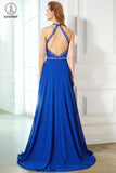 A-line Royal Blue Halter Open Back Sleeveless Beading Chiffon Long Prom Gown KPP0312