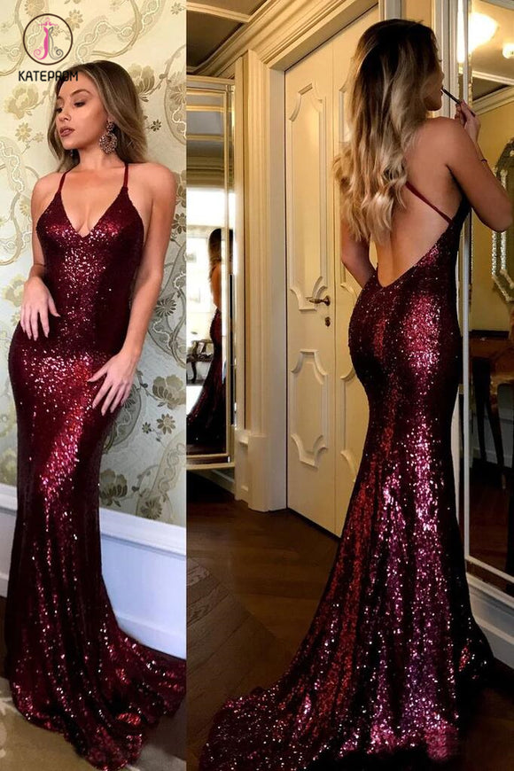 Sparkling Burgundy Sequins Mermaid V-neck Sweep Train Party Dress,Prom Gown KPP0314