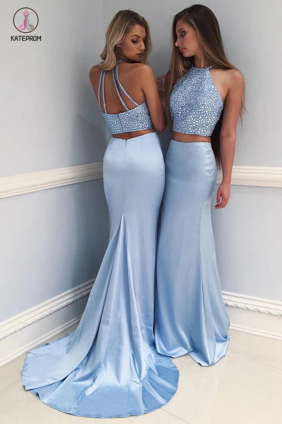 Stylish Sky Blue Two-Piece Beaded Long Prom Dress,Mermaid Evening Dress KPP0324