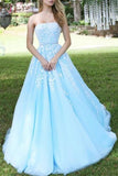 Princess Sky Blue Strapless A-line Tulle Floor-length Prom Dress with White Appliques KPP0325