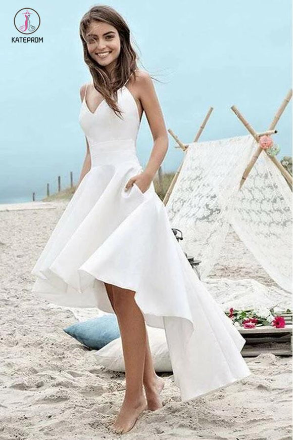 Simple Spaghetti Straps V-neck High Low Short Prom Dress,Beach Wedding Dress KPP0326