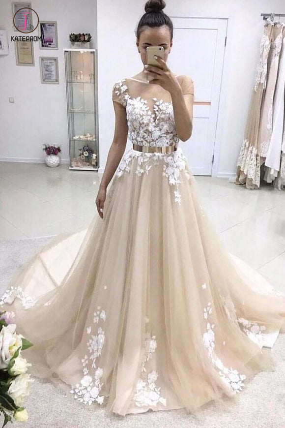 A-line Bateau Lace Appliqued Gold Sash Short Sleeves Wedding Dresses,Prom Dresses KPP0327