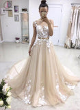 A-line Bateau Lace Appliqued Gold Sash Short Sleeves Wedding Dresses,Prom Dresses KPP0327
