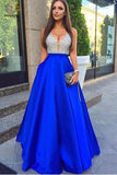 Glamorous Deep V-Neck Sleeveless Floor-length Royal Blue Prom Dress with Beading KPP0330