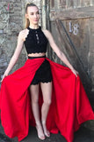 Red and Black A-line Jewel Split Sleeveless Lace Long Prom Dress,Party Dress KPP0332