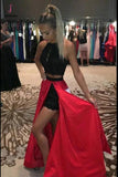 Red and Black A-line Jewel Split Sleeveless Lace Long Prom Dress,Party Dress KPP0332