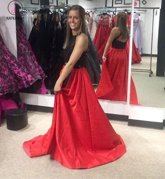 Red and Black A-line Jewel Split Sleeveless Lace Long Prom Dress,Party   kateprom