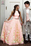 Elegant Two Piece Mint Green Jewel Sleeveless A-line Floral Long Prom Dress KPP0333