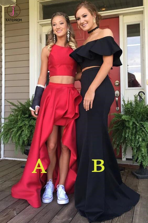 Two Piece Red Jewel Long Prom Dress,Black Mermaid Off the Shoulder Evening Gown KPP0334