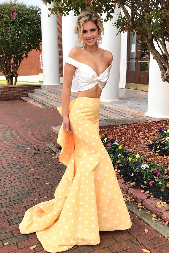 Sexy Two Piece Off the Shoulder White and Yellow Polkdots Mermaid Prom –  kateprom