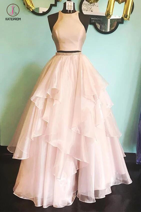 A-line Two Piece Peach Pink Jewel Sleeveless Open Back Floor-length Prom Dress KPP0336