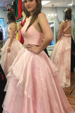 A-line Two Piece Peach Pink Jewel Sleeveless Open Back Floor-length Prom Dress KPP0336
