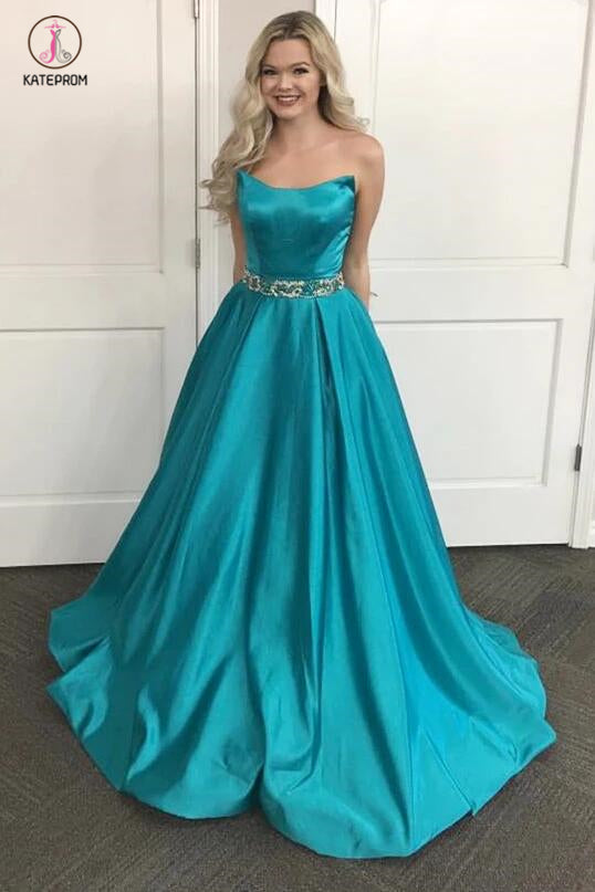 Cheap Turquoise Special A-line Strapless Long Prom Dress with Beads Sash KPP0337
