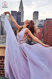 Sexy A-line Lilac Chiffon Front Split Deep V Neck Long Prom Dress KPP0339