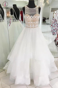 Princess White Sleeveless Scoop Tulle Long Prom Dress With Lace Formal Dress KPP0342
