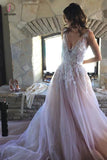 A-line V-neck Lilac Appliques Sleeveless Tulle Long Wedding Dress,Open Back Prom Dress KPW0140