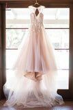 A-line V-neck Lilac Appliques Sleeveless Tulle Long Wedding Dress,Open Back Prom Dress KPW0140